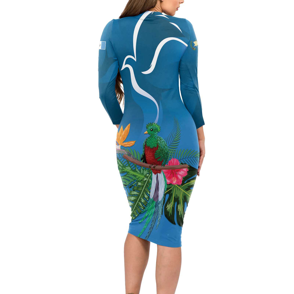 Guatemala Independence Day Long Sleeve Bodycon Dress Quetzal Tropical Flower - Wonder Print Shop