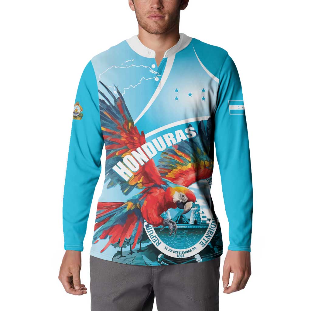 Honduras Independence Day Button Sweatshirt Scarlet Macaw Sky Blue - Wonder Print Shop