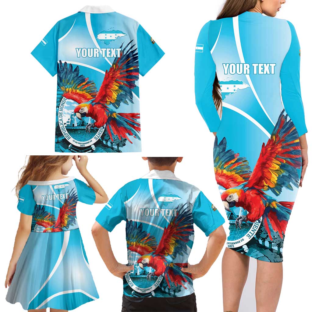 Honduras Independence Day Family Matching Long Sleeve Bodycon Dress and Hawaiian Shirt Scarlet Macaw Sky Blue - Wonder Print Shop