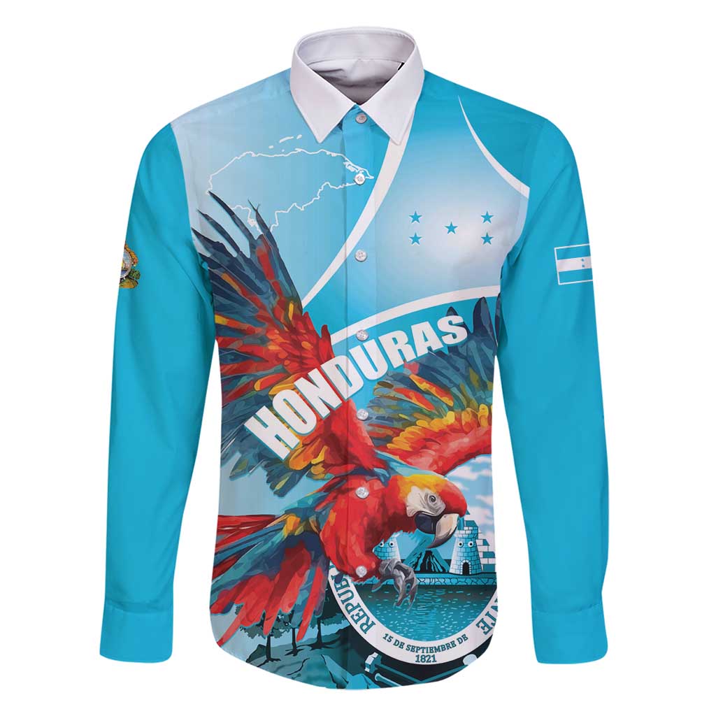 Honduras Independence Day Family Matching Long Sleeve Bodycon Dress and Hawaiian Shirt Scarlet Macaw Sky Blue - Wonder Print Shop