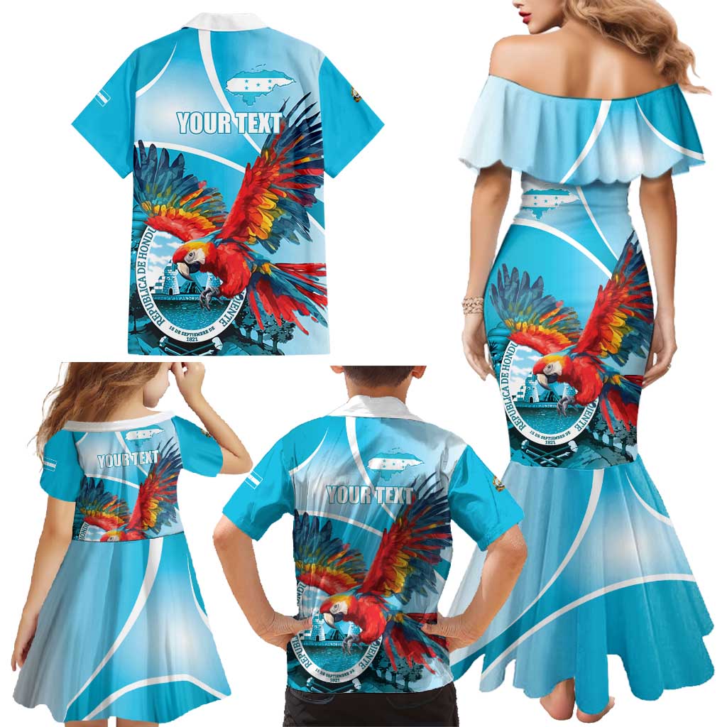 Honduras Independence Day Family Matching Mermaid Dress and Hawaiian Shirt Scarlet Macaw Sky Blue - Wonder Print Shop