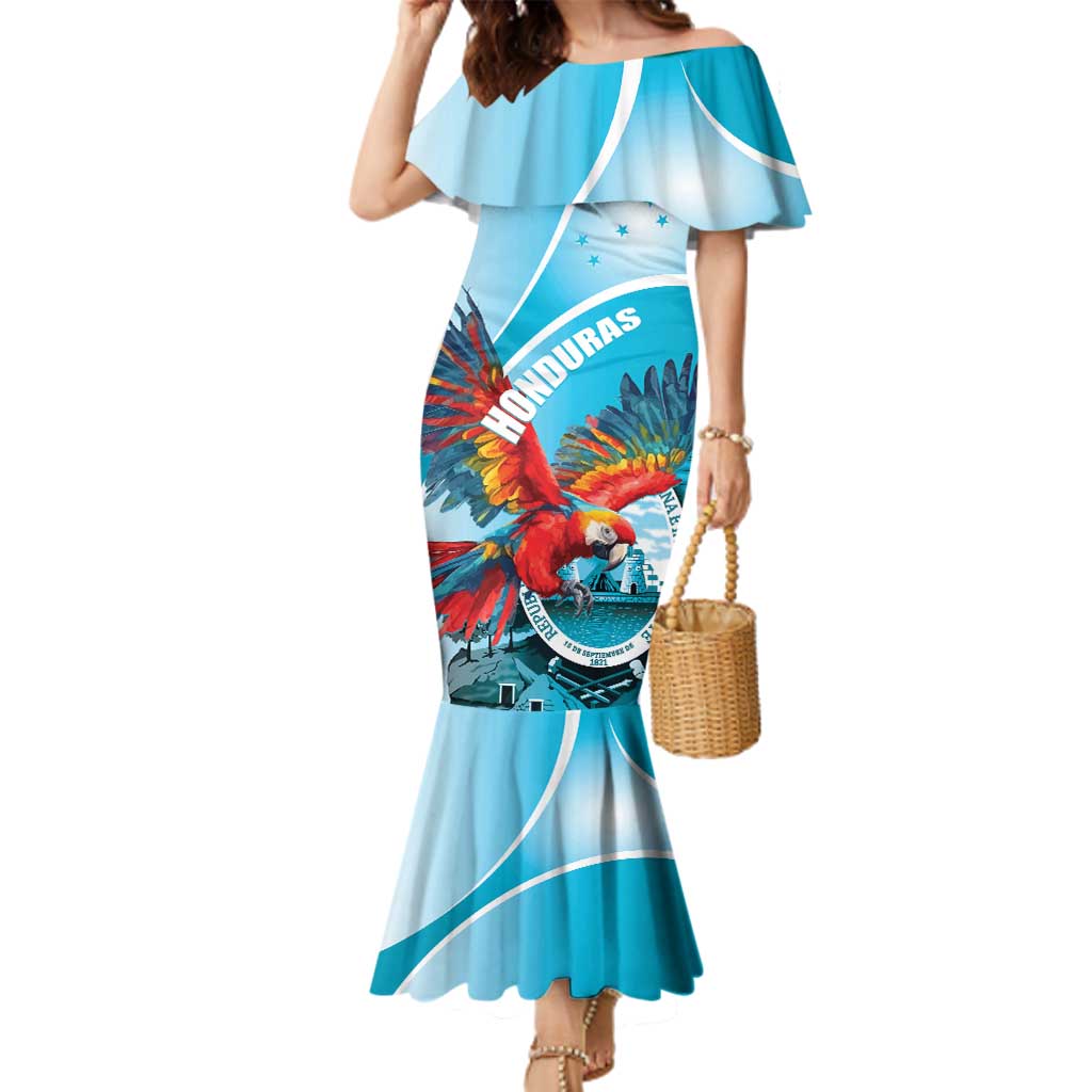 Honduras Independence Day Family Matching Mermaid Dress and Hawaiian Shirt Scarlet Macaw Sky Blue - Wonder Print Shop