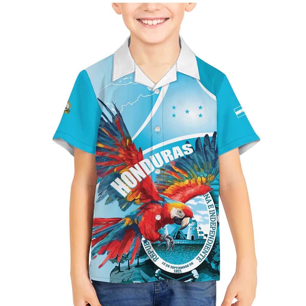 Honduras Independence Day Family Matching Mermaid Dress and Hawaiian Shirt Scarlet Macaw Sky Blue - Wonder Print Shop