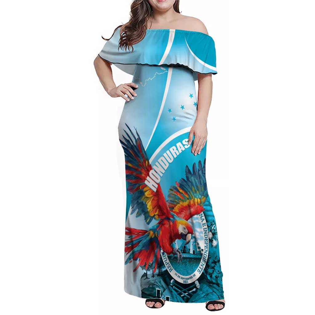 Honduras Independence Day Family Matching Off Shoulder Maxi Dress and Hawaiian Shirt Scarlet Macaw Sky Blue - Wonder Print Shop
