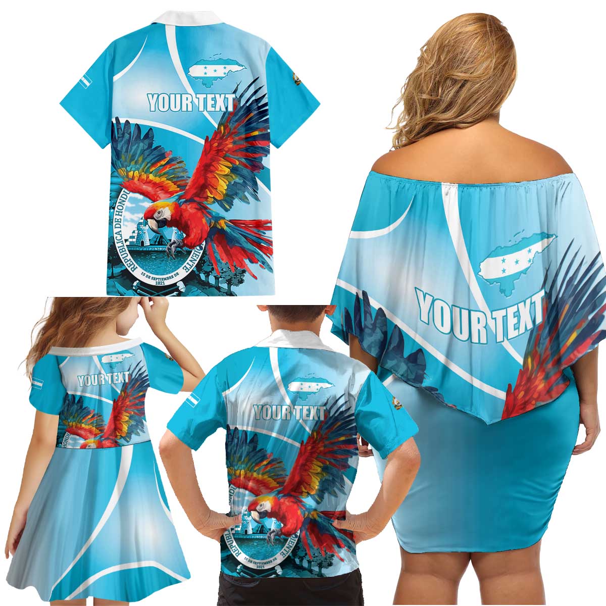 Honduras Independence Day Family Matching Off Shoulder Short Dress and Hawaiian Shirt Scarlet Macaw Sky Blue - Wonder Print Shop