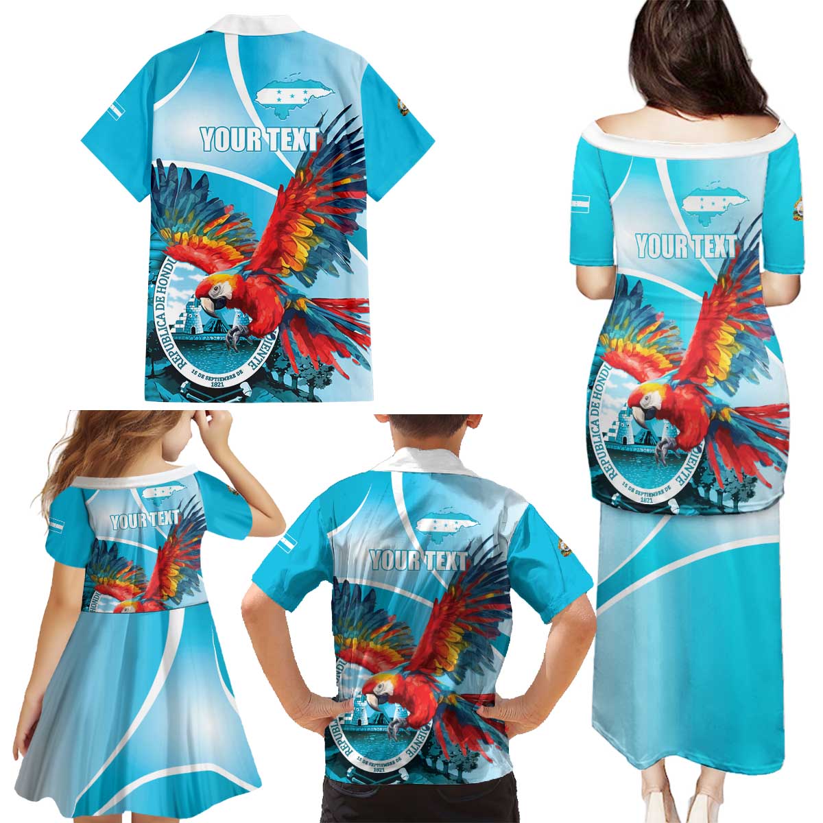Honduras Independence Day Family Matching Puletasi and Hawaiian Shirt Scarlet Macaw Sky Blue - Wonder Print Shop