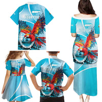 Honduras Independence Day Family Matching Puletasi and Hawaiian Shirt Scarlet Macaw Sky Blue - Wonder Print Shop