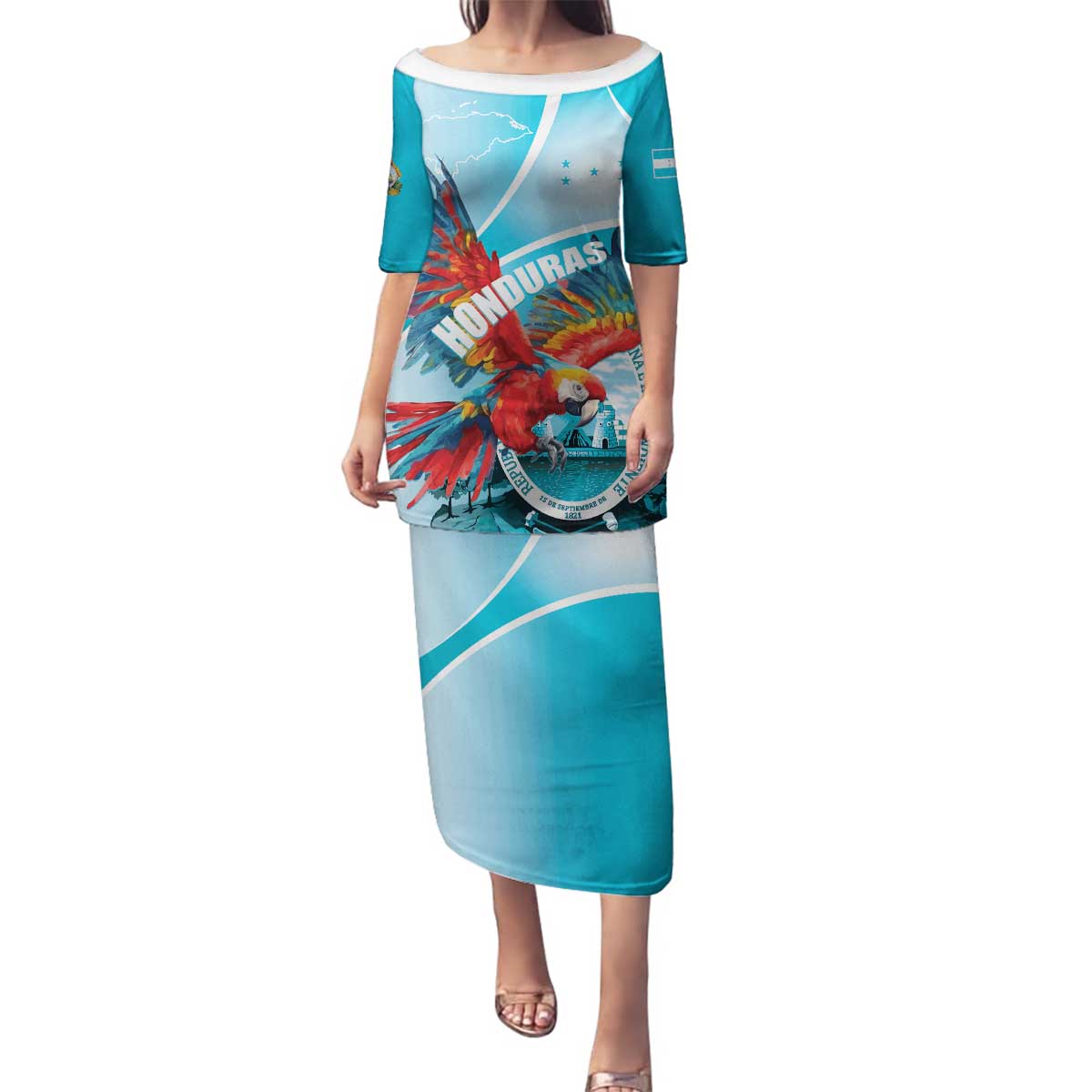 Honduras Independence Day Family Matching Puletasi and Hawaiian Shirt Scarlet Macaw Sky Blue - Wonder Print Shop