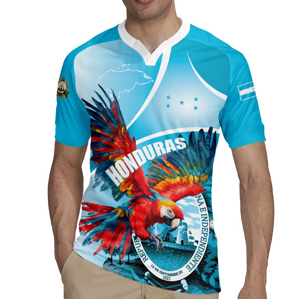 Honduras Independence Day Rugby Jersey Scarlet Macaw Sky Blue - Wonder Print Shop