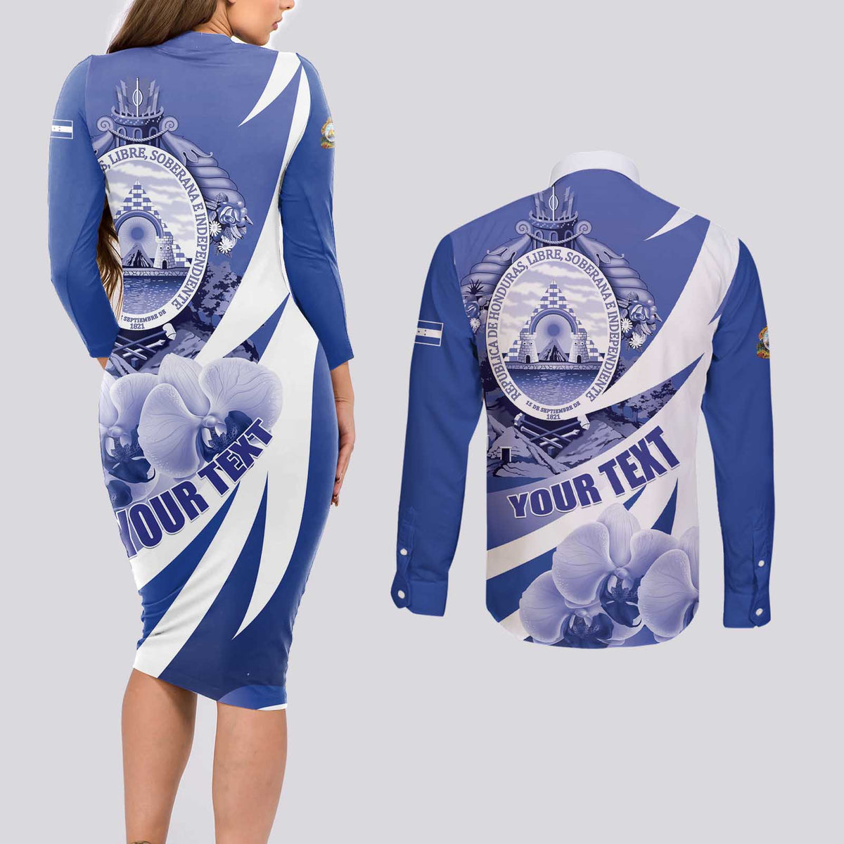 Honduras Couples Matching Long Sleeve Bodycon Dress and Long Sleeve Button Shirt Coat of Arms Orchid Navy Blue - Wonder Print Shop