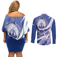 Honduras Couples Matching Off Shoulder Short Dress and Long Sleeve Button Shirt Coat of Arms Orchid Navy Blue - Wonder Print Shop