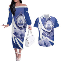 Honduras Couples Matching Off The Shoulder Long Sleeve Dress and Hawaiian Shirt Coat of Arms Orchid Navy Blue - Wonder Print Shop