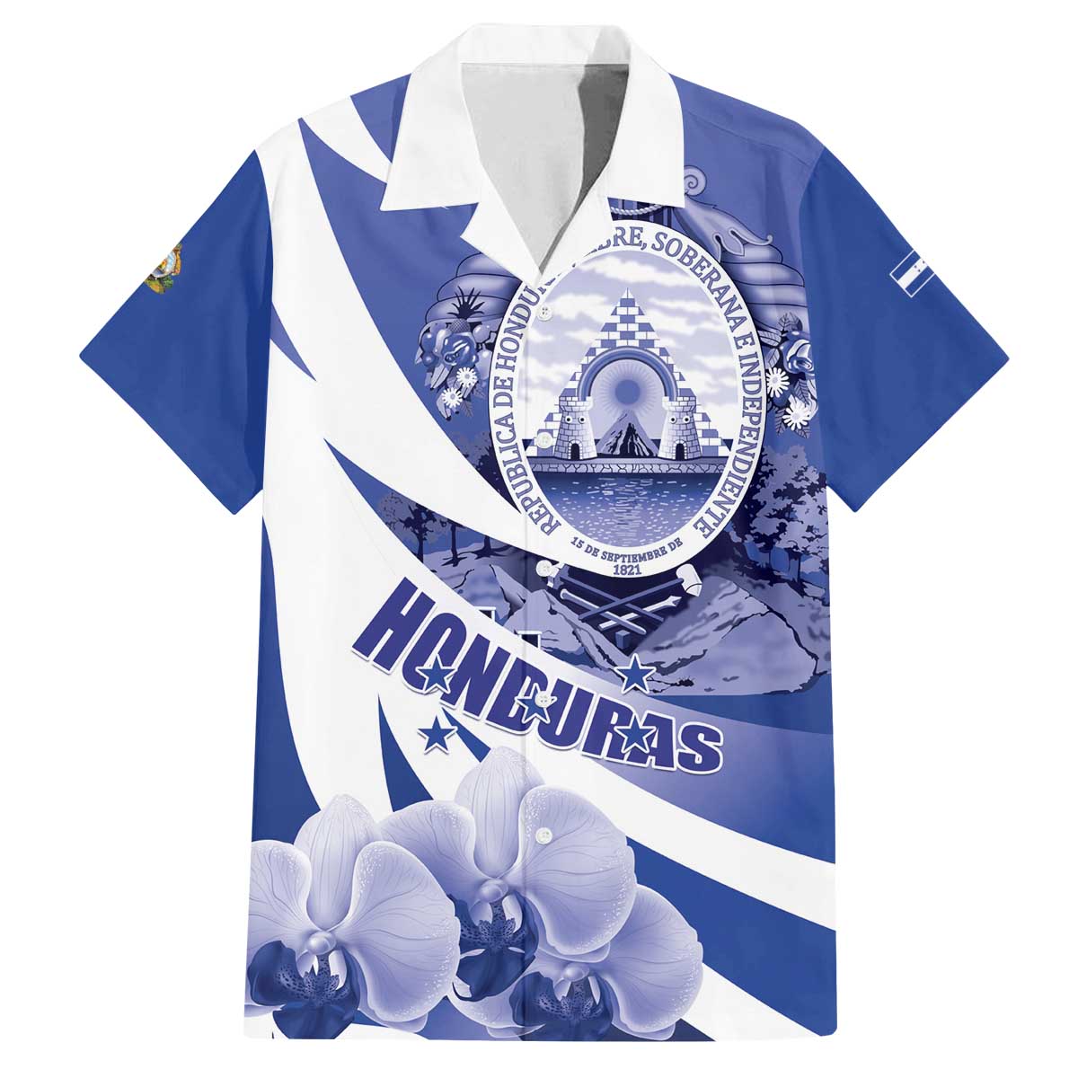 Honduras Family Matching Off The Shoulder Long Sleeve Dress and Hawaiian Shirt Coat of Arms Orchid Navy Blue - Wonder Print Shop