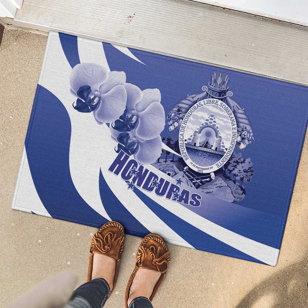 Honduras Rubber Doormat Coat of Arms Orchid Navy Blue - Wonder Print Shop
