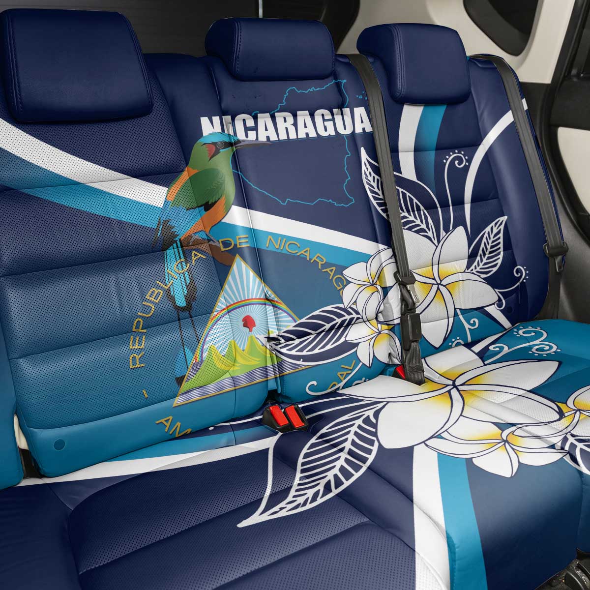 Nicaragua Independence Day Back Car Seat Cover Motmot Plumeria Floral - Wonder Print Shop