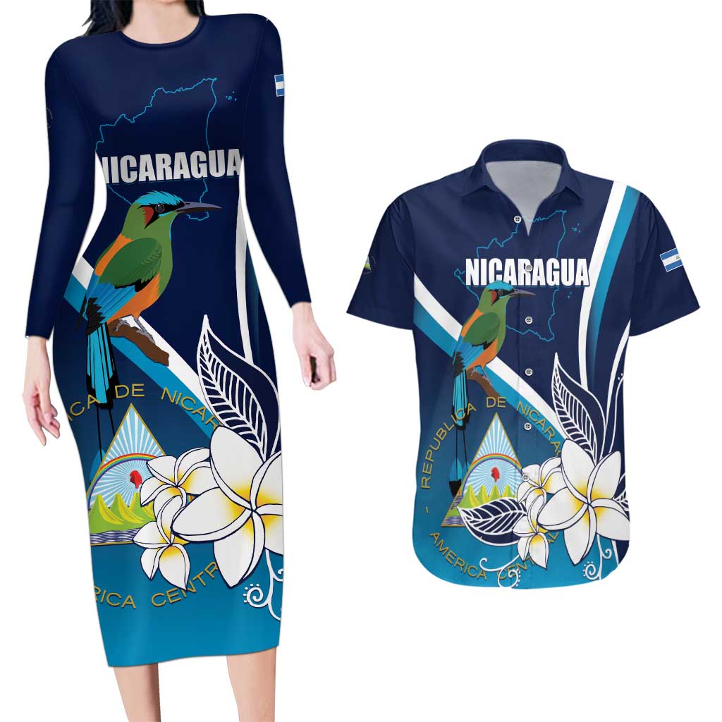 Nicaragua Independence Day Couples Matching Long Sleeve Bodycon Dress and Hawaiian Shirt Motmot Plumeria Floral - Wonder Print Shop