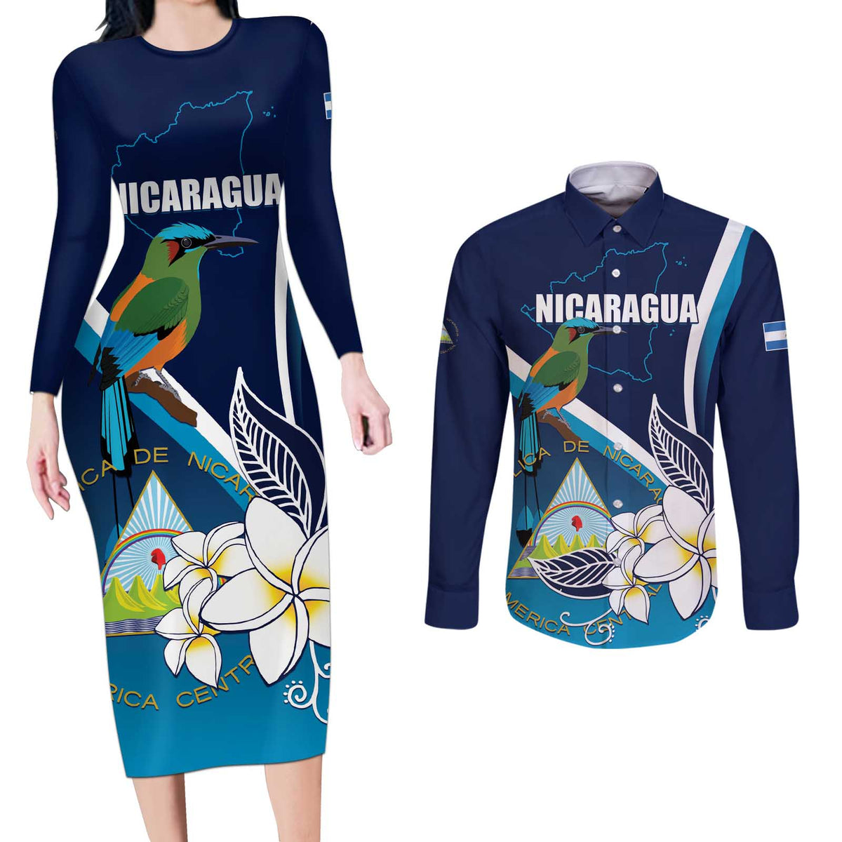Nicaragua Independence Day Couples Matching Long Sleeve Bodycon Dress and Long Sleeve Button Shirt Motmot Plumeria Floral - Wonder Print Shop