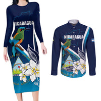 Nicaragua Independence Day Couples Matching Long Sleeve Bodycon Dress and Long Sleeve Button Shirt Motmot Plumeria Floral - Wonder Print Shop