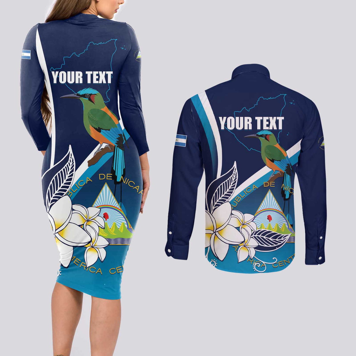 Nicaragua Independence Day Couples Matching Long Sleeve Bodycon Dress and Long Sleeve Button Shirt Motmot Plumeria Floral - Wonder Print Shop