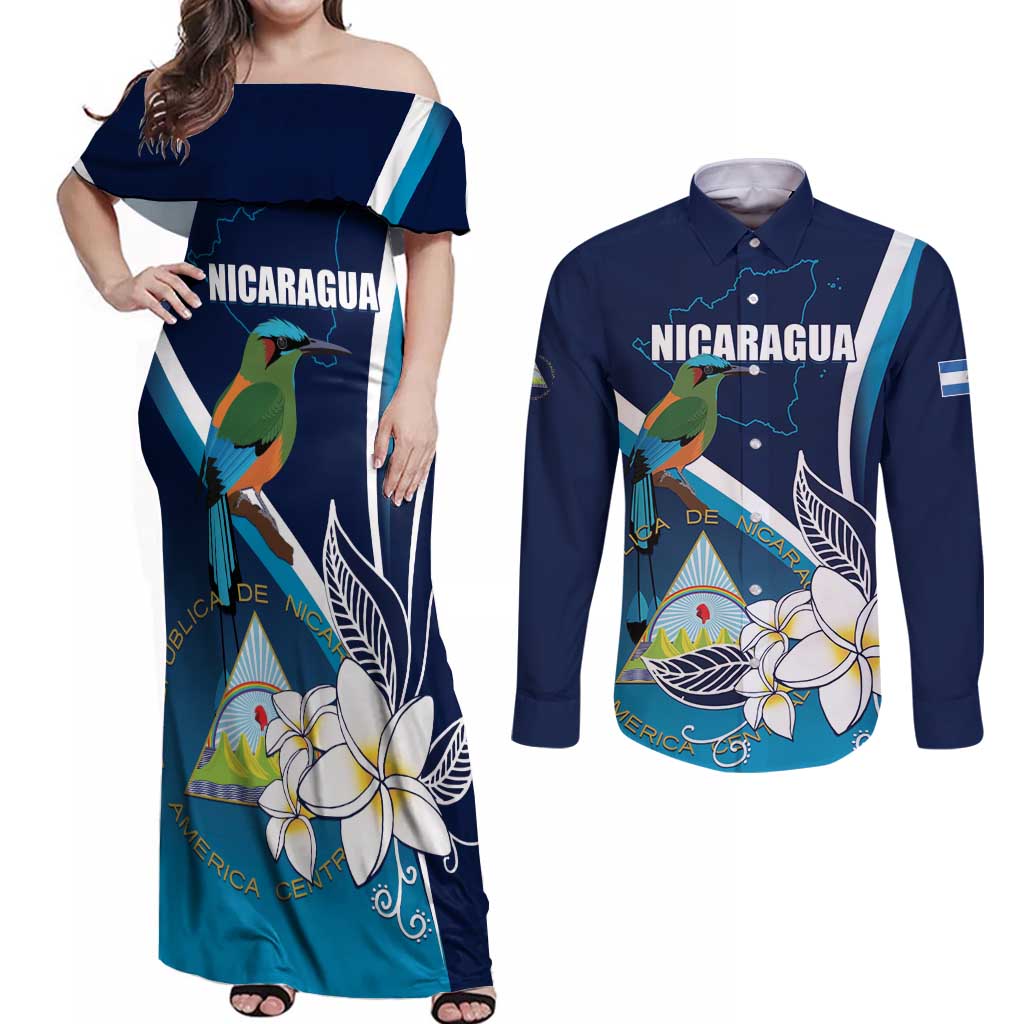 Nicaragua Independence Day Couples Matching Off Shoulder Maxi Dress and Long Sleeve Button Shirt Motmot Plumeria Floral - Wonder Print Shop