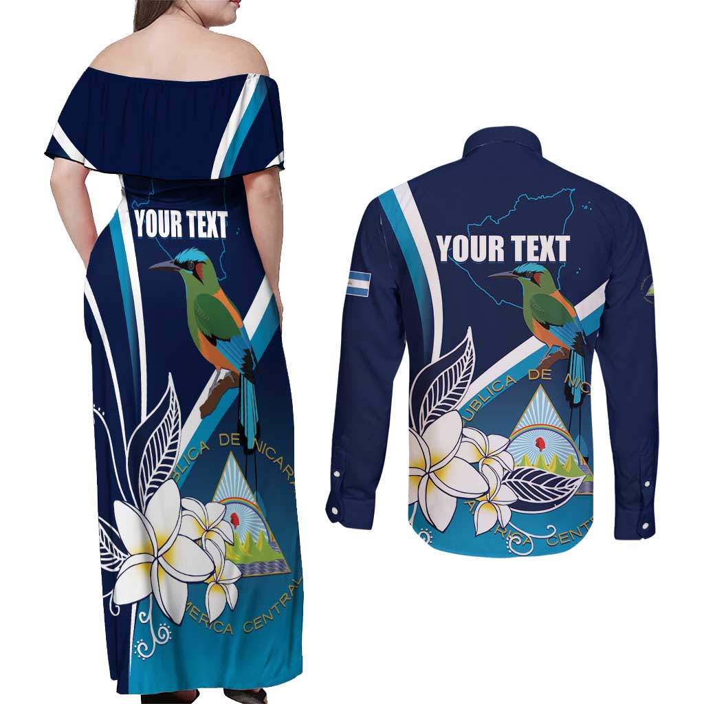 Nicaragua Independence Day Couples Matching Off Shoulder Maxi Dress and Long Sleeve Button Shirt Motmot Plumeria Floral - Wonder Print Shop