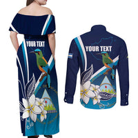 Nicaragua Independence Day Couples Matching Off Shoulder Maxi Dress and Long Sleeve Button Shirt Motmot Plumeria Floral - Wonder Print Shop