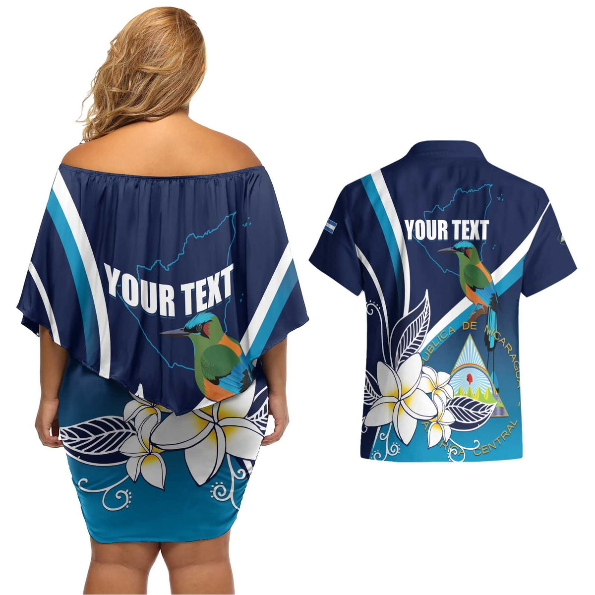 Nicaragua Independence Day Couples Matching Off Shoulder Short Dress and Hawaiian Shirt Motmot Plumeria Floral - Wonder Print Shop