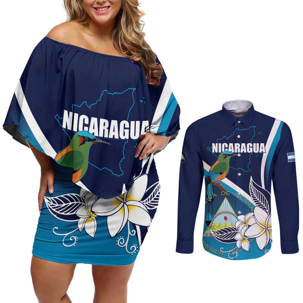 Nicaragua Independence Day Couples Matching Off Shoulder Short Dress and Long Sleeve Button Shirt Motmot Plumeria Floral - Wonder Print Shop