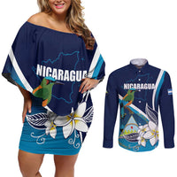 Nicaragua Independence Day Couples Matching Off Shoulder Short Dress and Long Sleeve Button Shirt Motmot Plumeria Floral - Wonder Print Shop