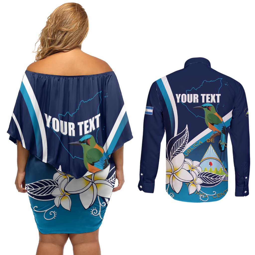 Nicaragua Independence Day Couples Matching Off Shoulder Short Dress and Long Sleeve Button Shirt Motmot Plumeria Floral - Wonder Print Shop