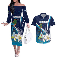Nicaragua Independence Day Couples Matching Off The Shoulder Long Sleeve Dress and Hawaiian Shirt Motmot Plumeria Floral - Wonder Print Shop