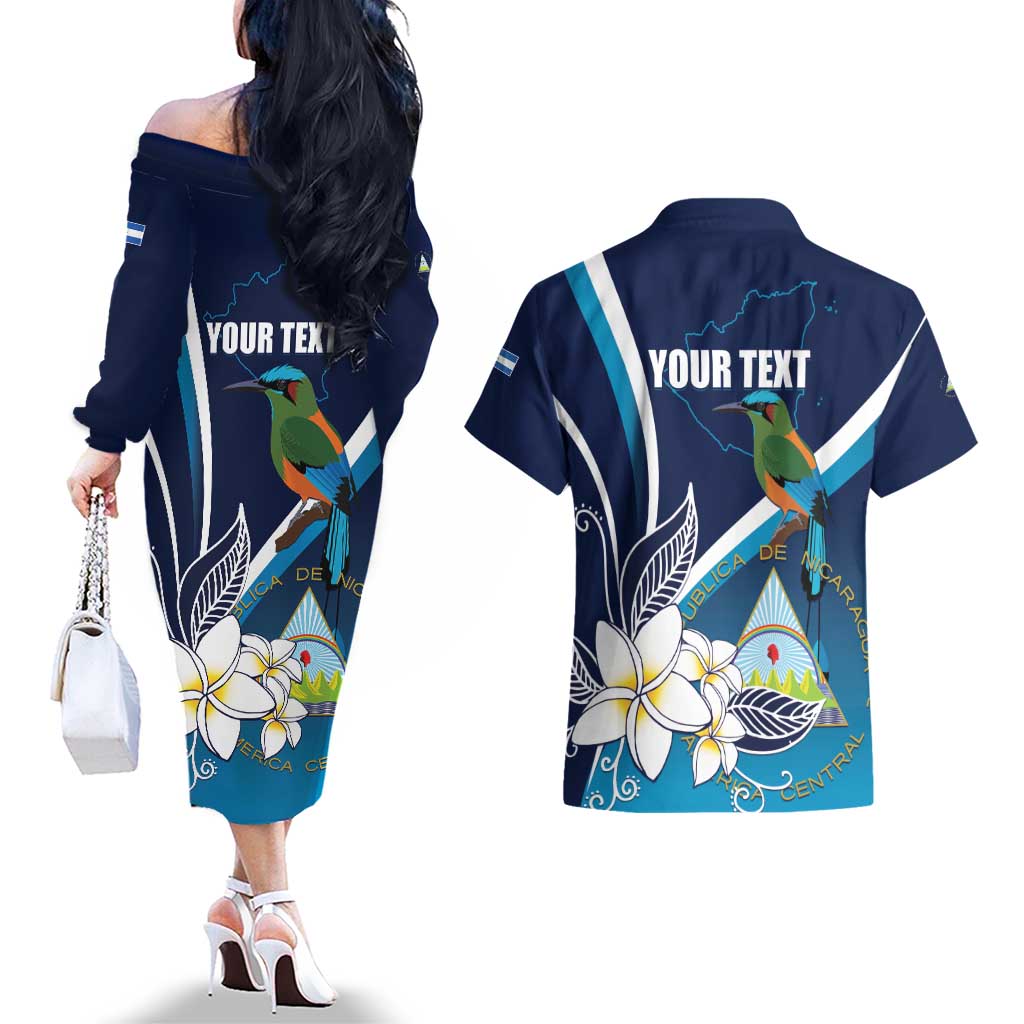 Nicaragua Independence Day Couples Matching Off The Shoulder Long Sleeve Dress and Hawaiian Shirt Motmot Plumeria Floral - Wonder Print Shop