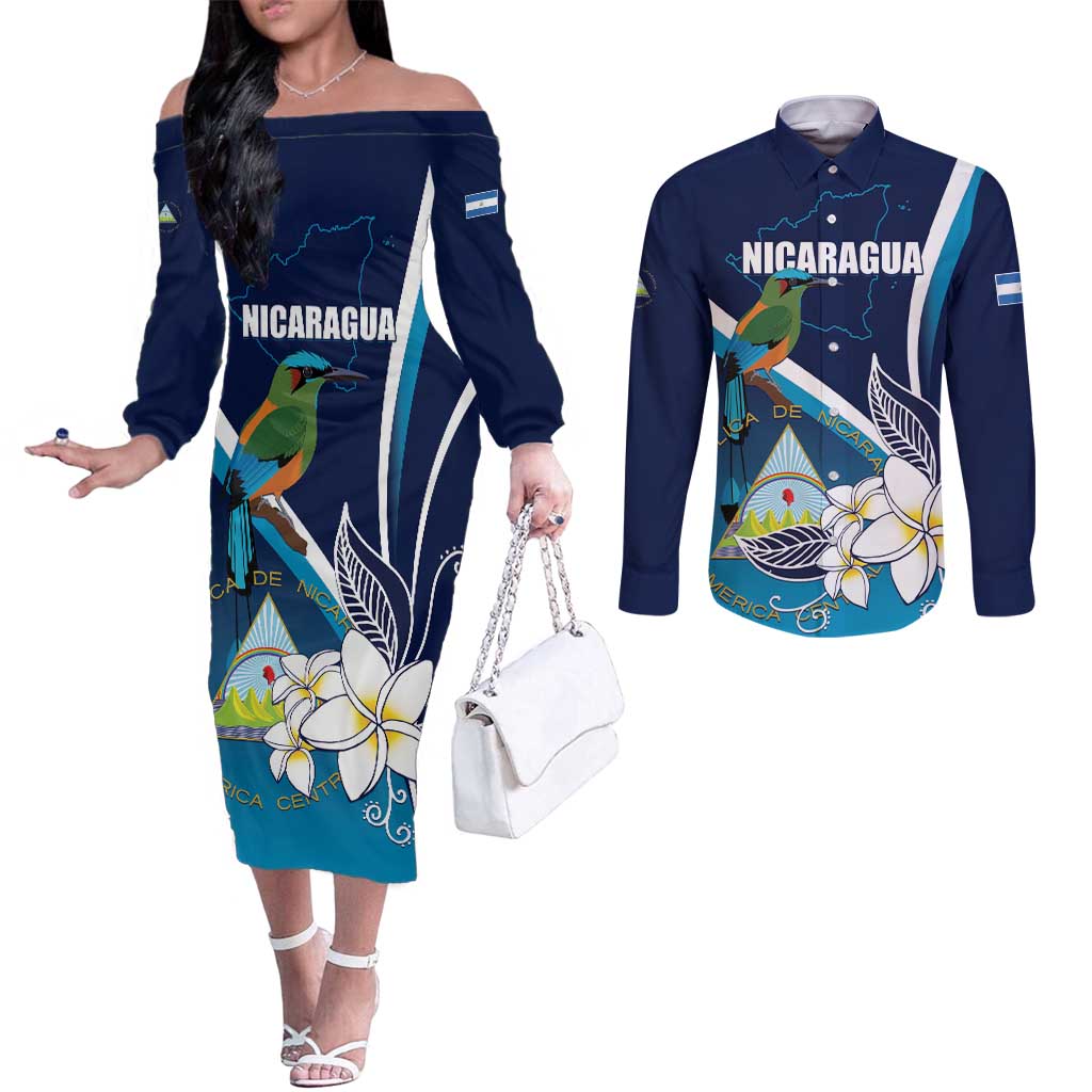 Nicaragua Independence Day Couples Matching Off The Shoulder Long Sleeve Dress and Long Sleeve Button Shirt Motmot Plumeria Floral