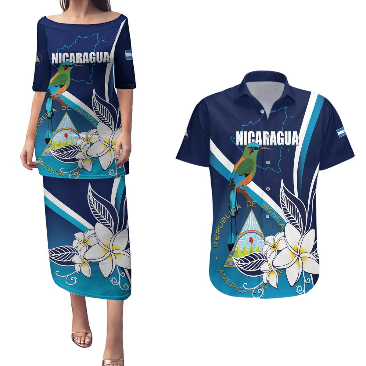 Nicaragua Independence Day Couples Matching Puletasi and Hawaiian Shirt Motmot Plumeria Floral - Wonder Print Shop