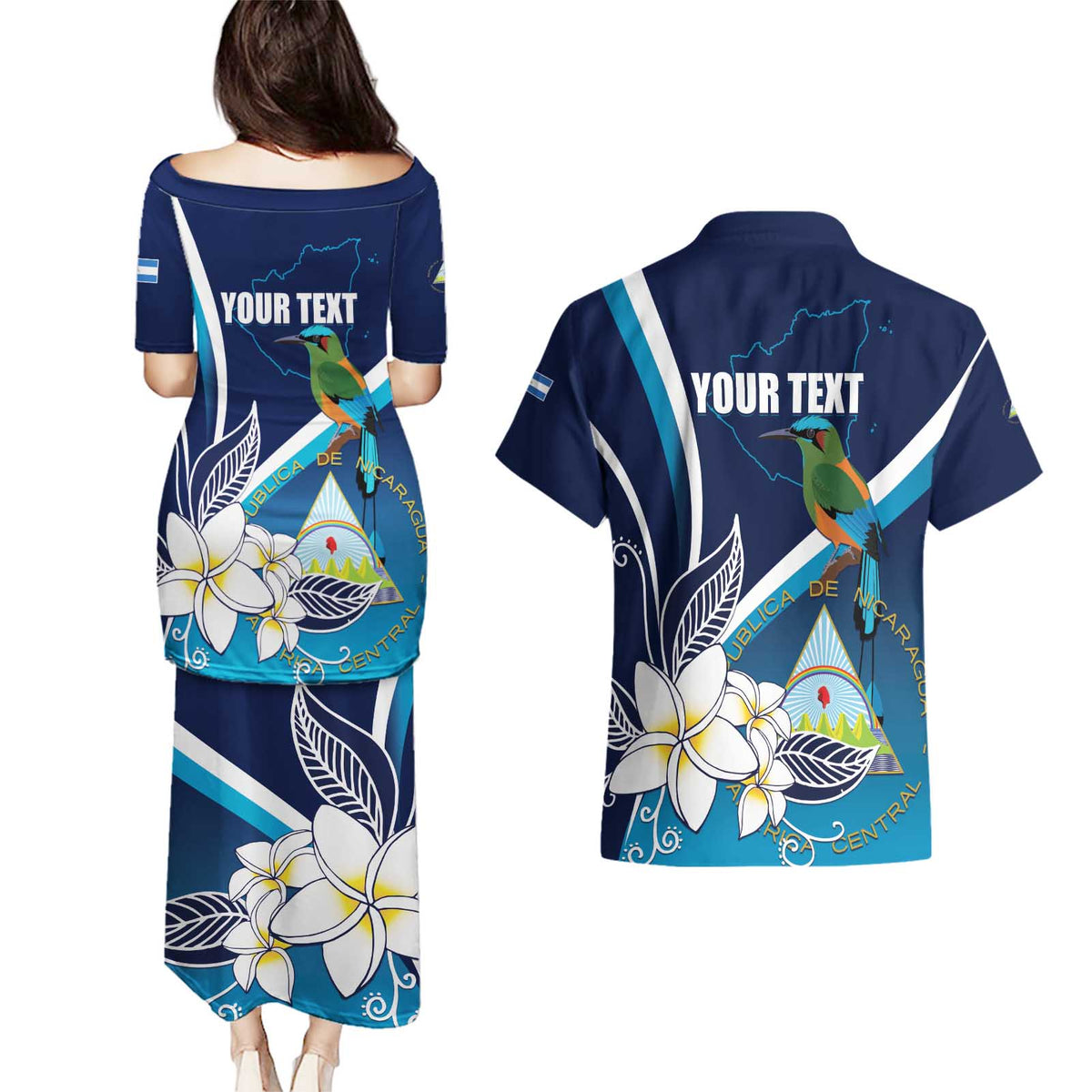 Nicaragua Independence Day Couples Matching Puletasi and Hawaiian Shirt Motmot Plumeria Floral - Wonder Print Shop