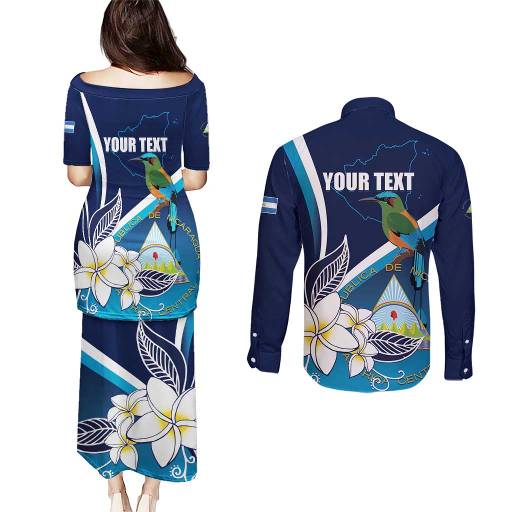 Nicaragua Independence Day Couples Matching Puletasi and Long Sleeve Button Shirt Motmot Plumeria Floral - Wonder Print Shop