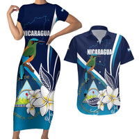 Nicaragua Independence Day Couples Matching Short Sleeve Bodycon Dress and Hawaiian Shirt Motmot Plumeria Floral - Wonder Print Shop