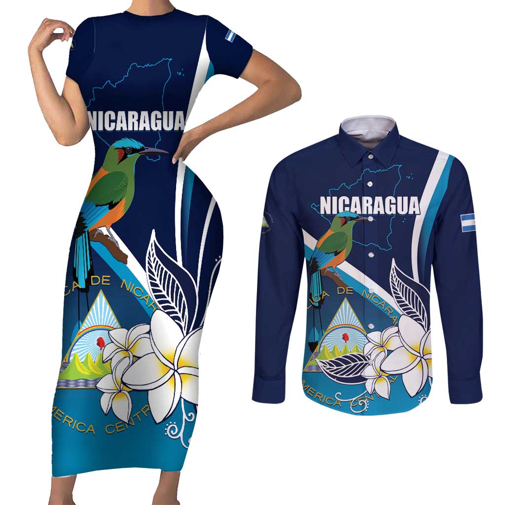 Nicaragua Independence Day Couples Matching Short Sleeve Bodycon Dress and Long Sleeve Button Shirt Motmot Plumeria Floral - Wonder Print Shop