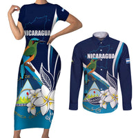 Nicaragua Independence Day Couples Matching Short Sleeve Bodycon Dress and Long Sleeve Button Shirt Motmot Plumeria Floral - Wonder Print Shop