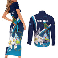 Nicaragua Independence Day Couples Matching Short Sleeve Bodycon Dress and Long Sleeve Button Shirt Motmot Plumeria Floral - Wonder Print Shop