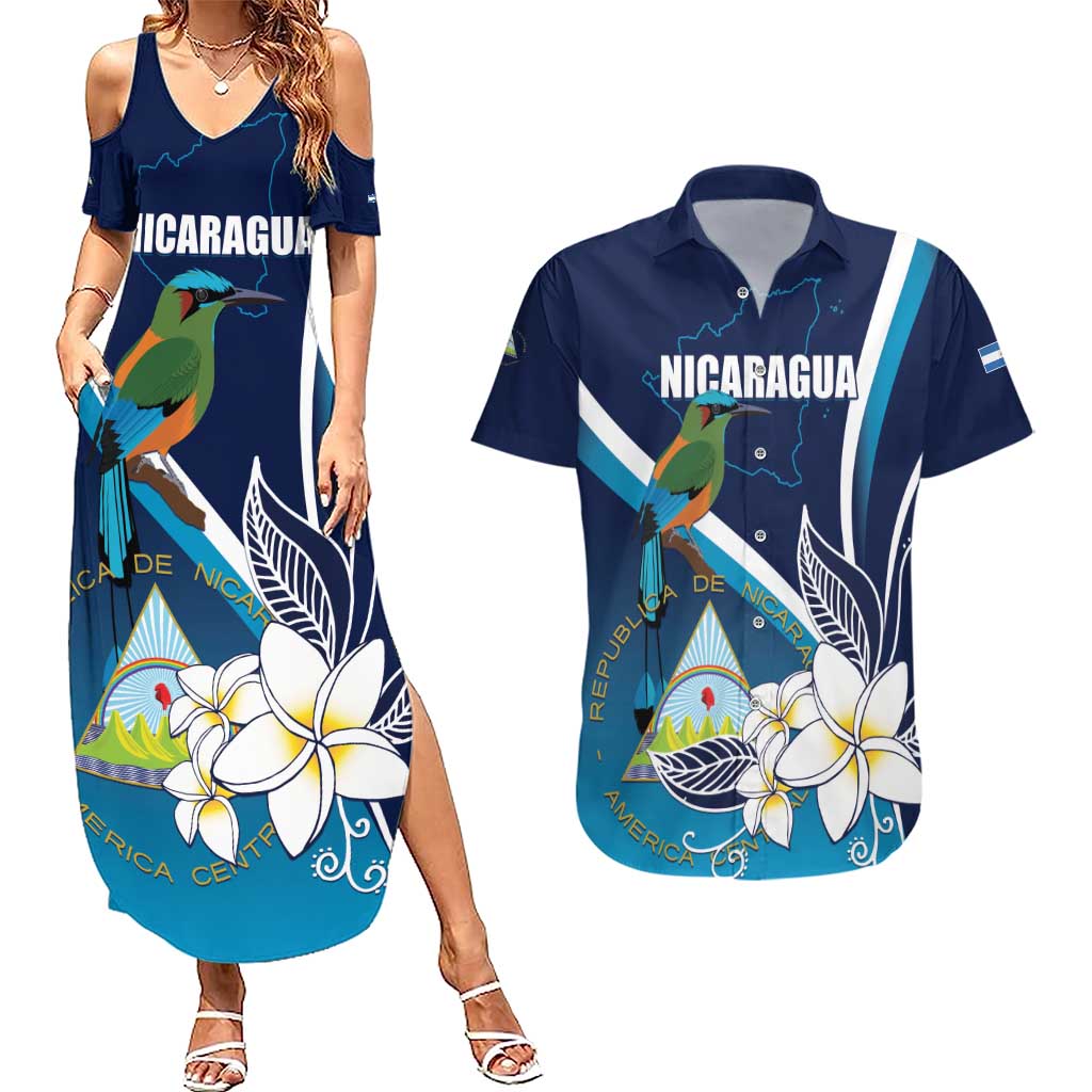 Nicaragua Independence Day Couples Matching Summer Maxi Dress and Hawaiian Shirt Motmot Plumeria Floral - Wonder Print Shop