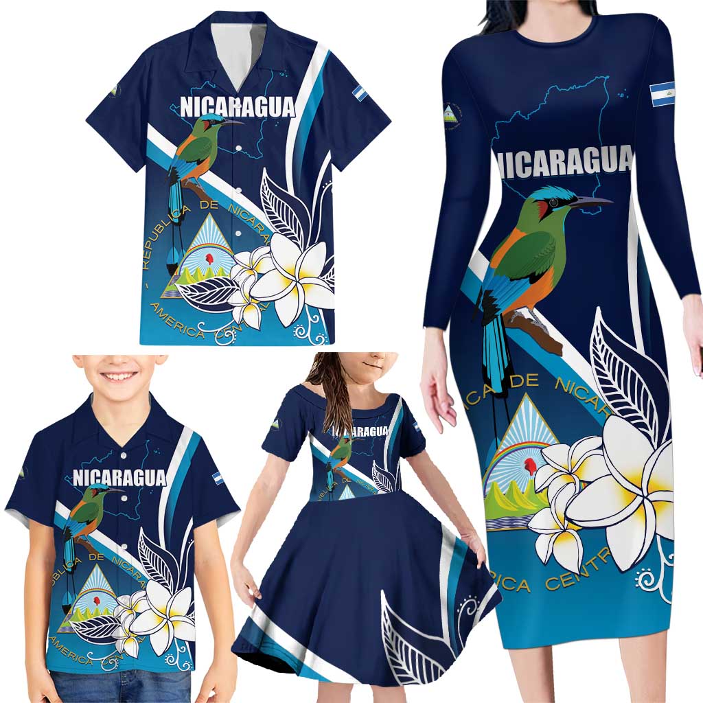 Nicaragua Independence Day Family Matching Long Sleeve Bodycon Dress and Hawaiian Shirt Motmot Plumeria Floral - Wonder Print Shop