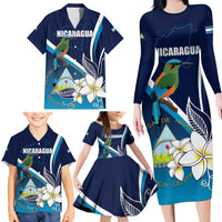 Nicaragua Independence Day Family Matching Long Sleeve Bodycon Dress and Hawaiian Shirt Motmot Plumeria Floral - Wonder Print Shop