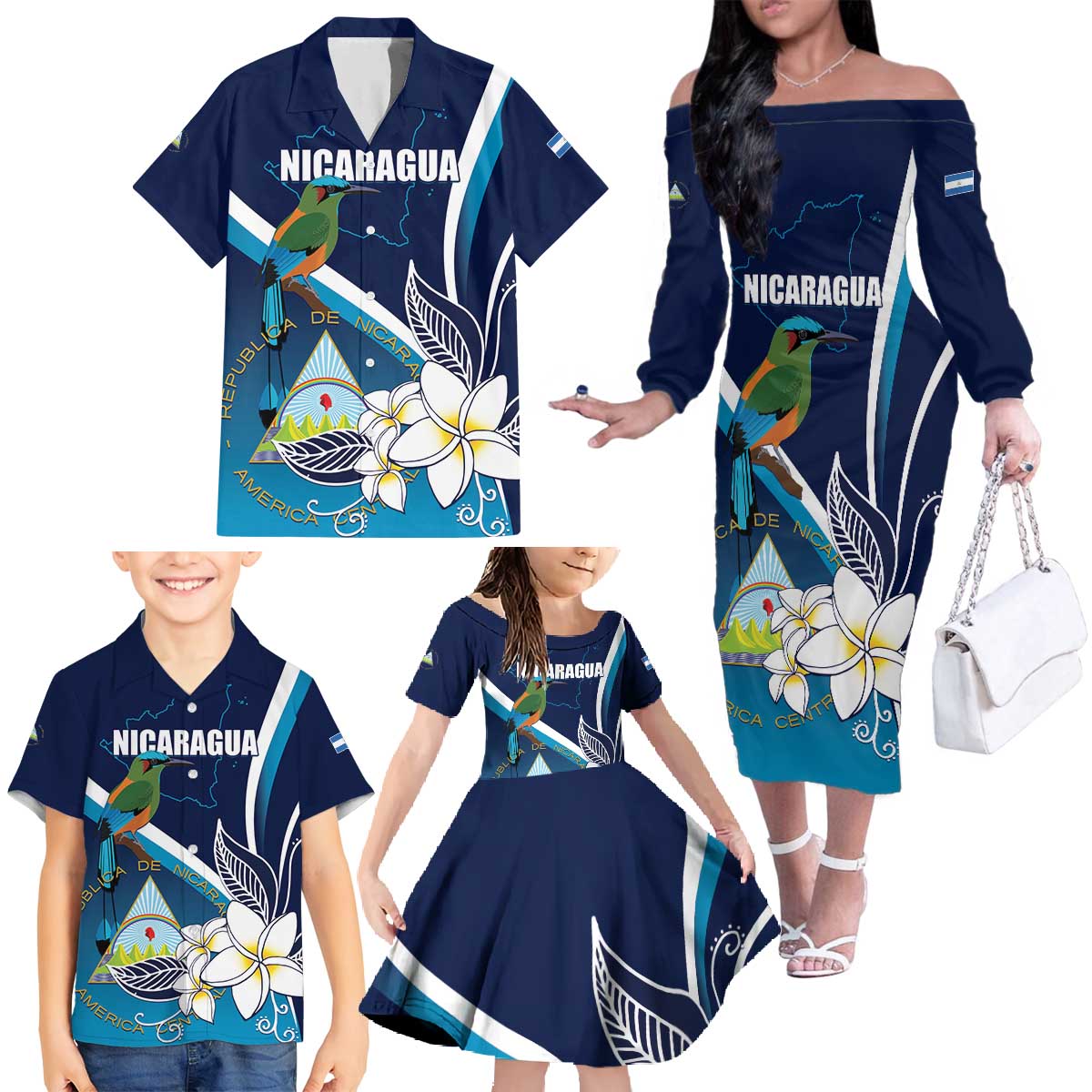 Nicaragua Independence Day Family Matching Off The Shoulder Long Sleeve Dress and Hawaiian Shirt Motmot Plumeria Floral - Wonder Print Shop