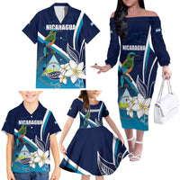 Nicaragua Independence Day Family Matching Off The Shoulder Long Sleeve Dress and Hawaiian Shirt Motmot Plumeria Floral - Wonder Print Shop