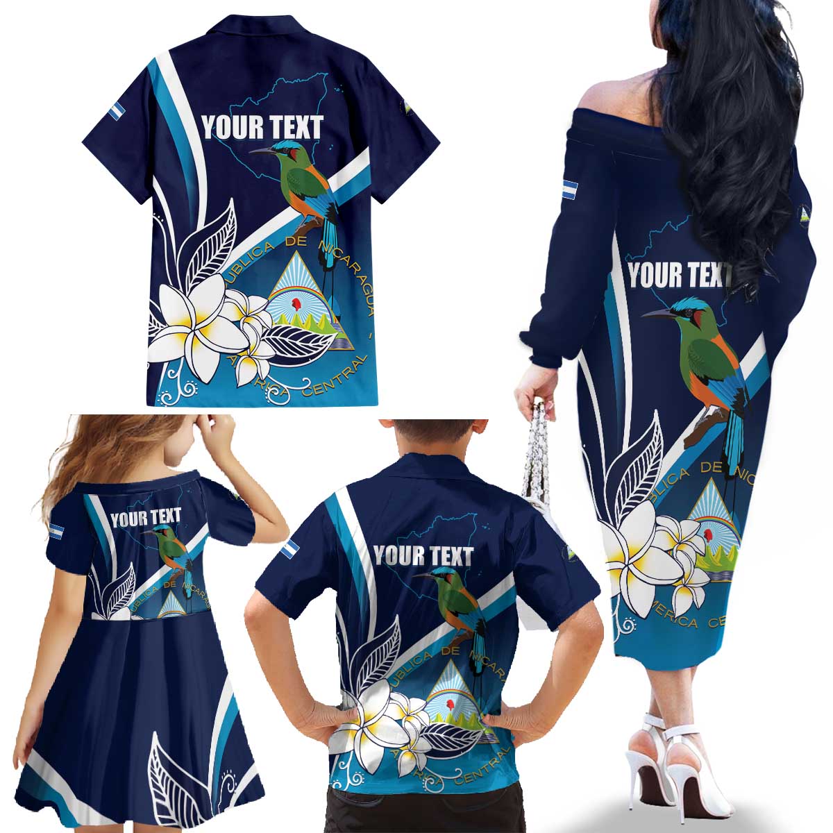 Nicaragua Independence Day Family Matching Off The Shoulder Long Sleeve Dress and Hawaiian Shirt Motmot Plumeria Floral - Wonder Print Shop