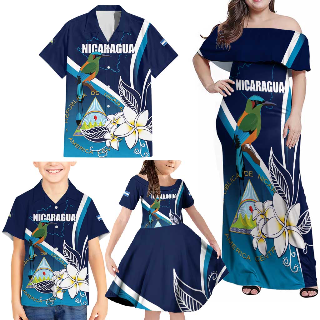 Nicaragua Independence Day Family Matching Off Shoulder Maxi Dress and Hawaiian Shirt Motmot Plumeria Floral - Wonder Print Shop