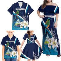 Nicaragua Independence Day Family Matching Off Shoulder Maxi Dress and Hawaiian Shirt Motmot Plumeria Floral - Wonder Print Shop