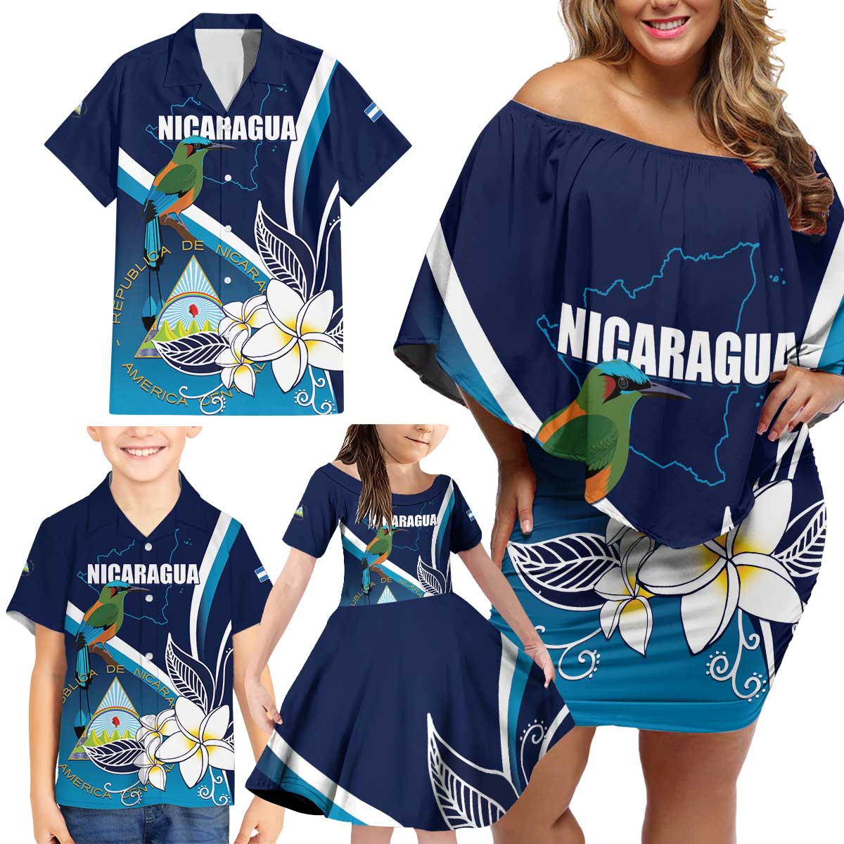 Nicaragua Independence Day Family Matching Off Shoulder Short Dress and Hawaiian Shirt Motmot Plumeria Floral - Wonder Print Shop