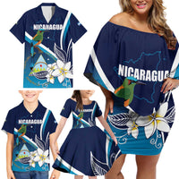 Nicaragua Independence Day Family Matching Off Shoulder Short Dress and Hawaiian Shirt Motmot Plumeria Floral - Wonder Print Shop